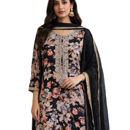 Midnight Bloom – Viscose Georgette Black Suit