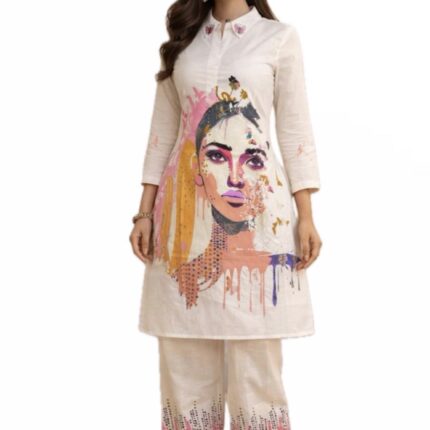 Beautiful Ready to wear digitally printed White color Cord set